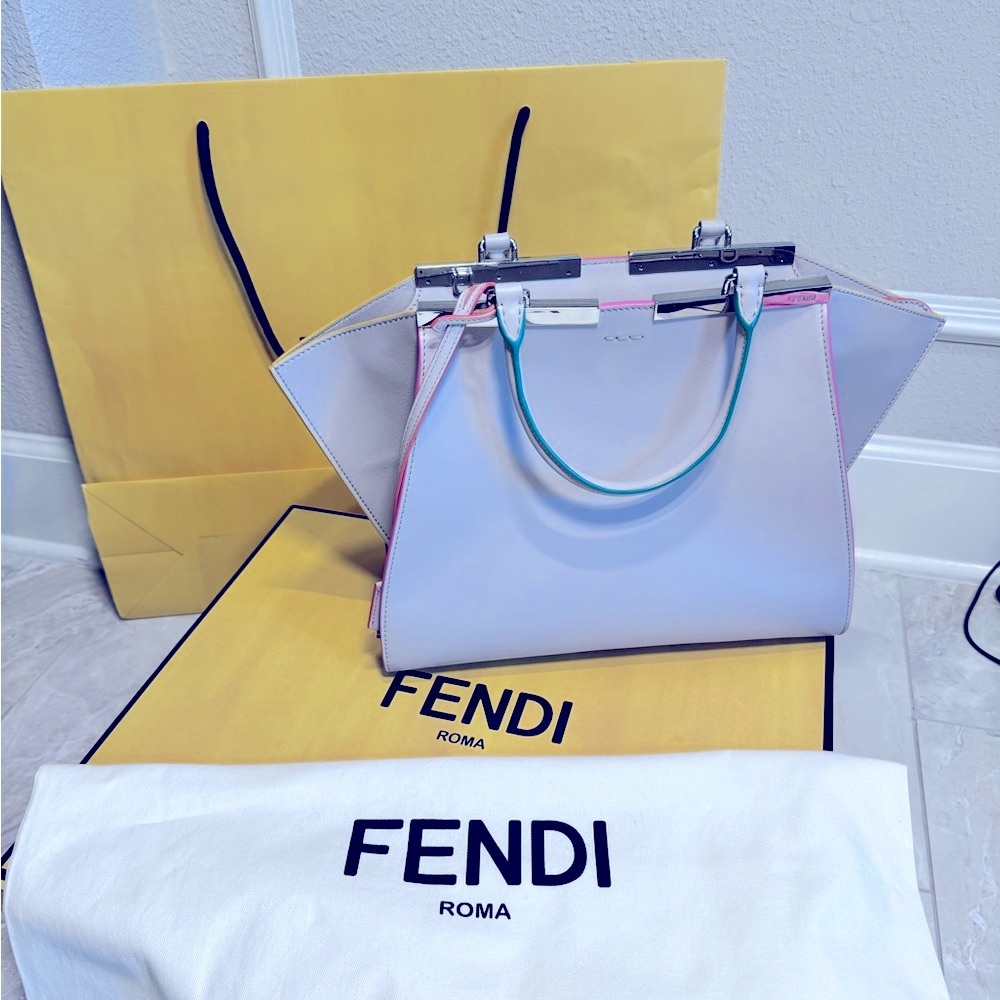 FENDI 3 JOURS Leather Bag, Light Gray, Multi, Large Size FREE SHIP